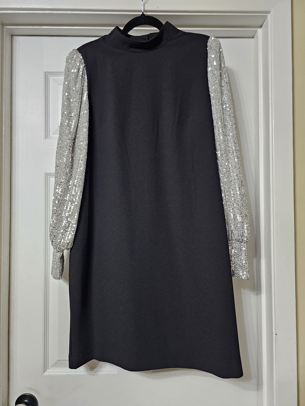 Nicole Miller Black Dress with Silver Sequin Long Sleeves
